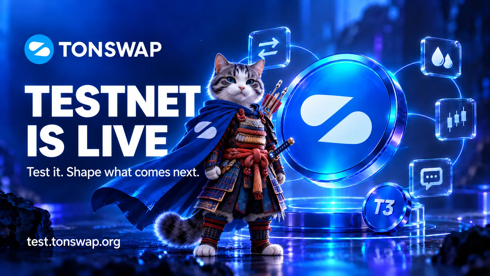 TONSWAP testnet launch artwork with a samurai cat, the Tonswap logo, and the words Testnet Is Live